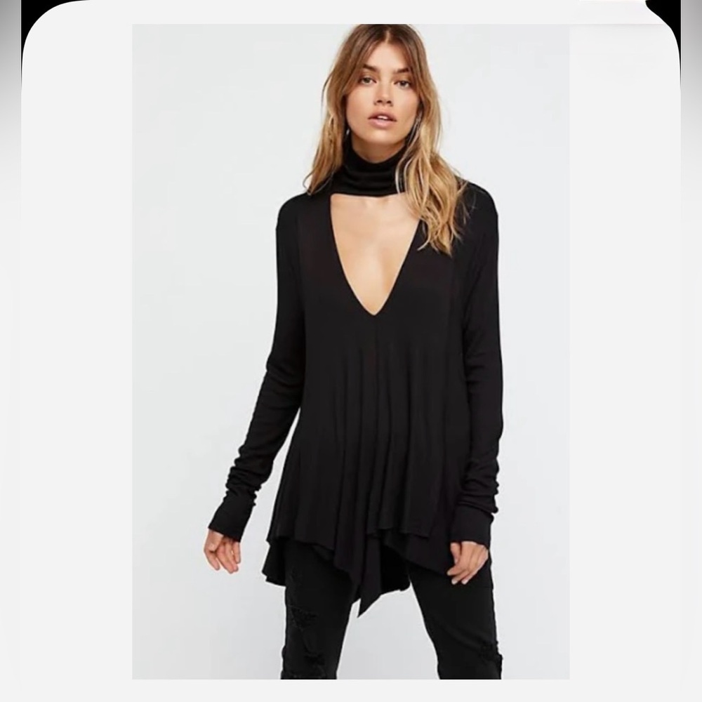Free People Black Deep V-Neck Sexy Turtle Neck Tunic